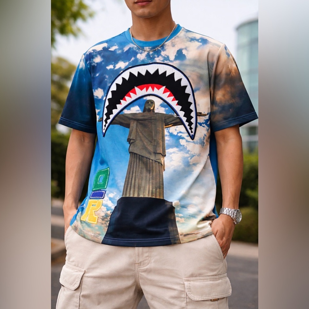 Brazil Rio Christ the Redeemer Shark Graphic Tee M Embroidered